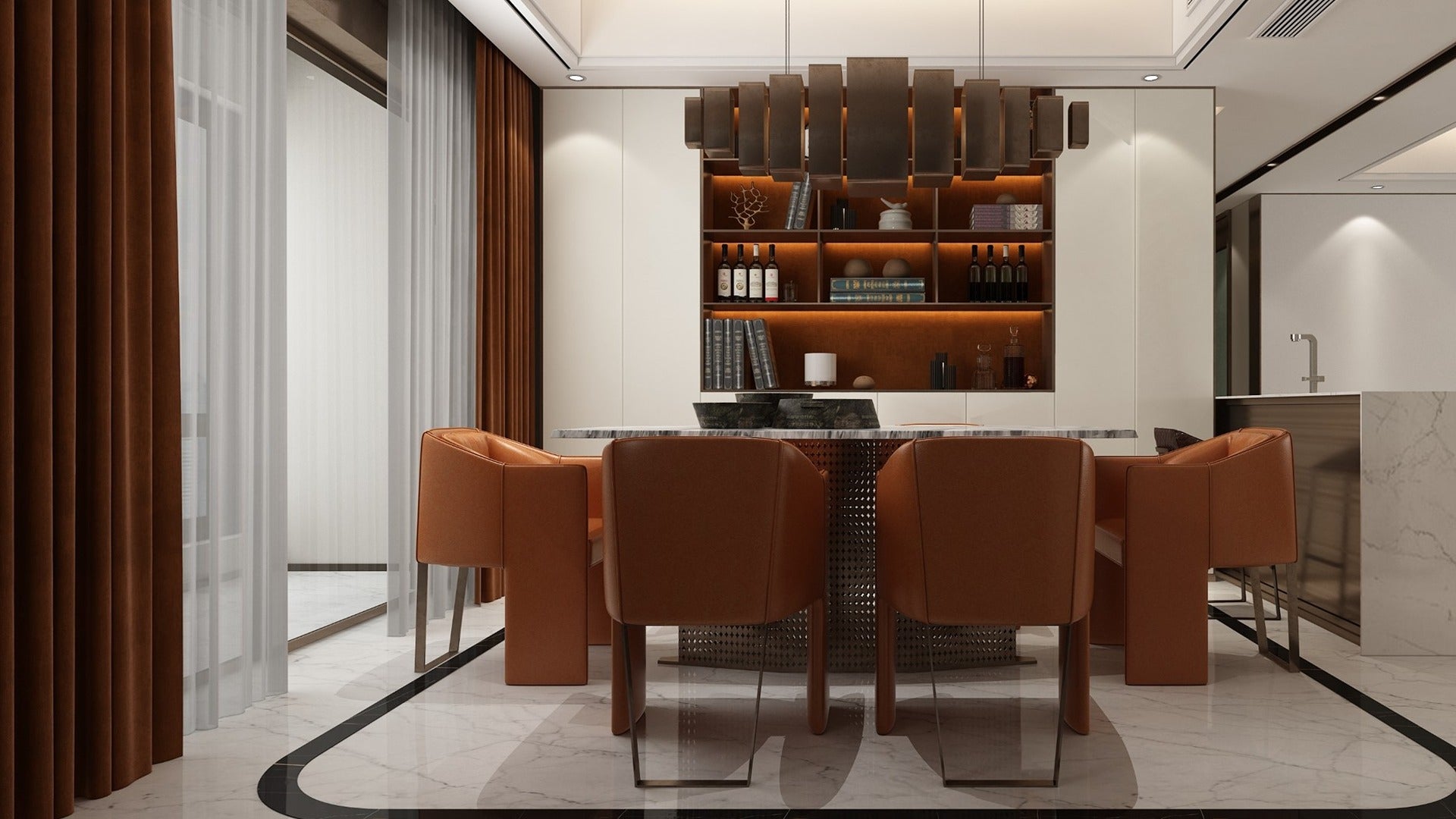 Ivory matte laminate used on modern dining room cabinets and walls with brown leather chairs and marble flooring