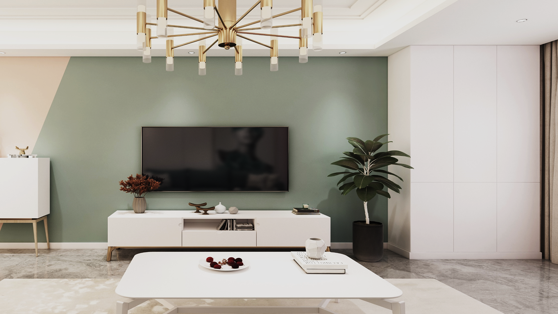 White decorative laminate wall panel with matte finish in a modern living room setting with minimalist decor.
