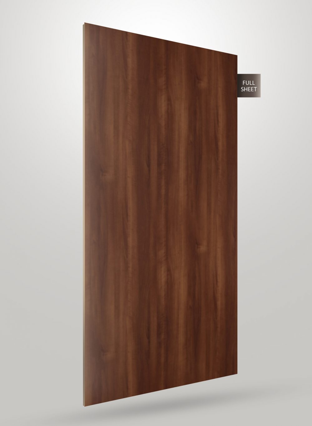 Brown wood grain decorative laminate sheet with matte finish and vertical wood pattern displayed on a white background.