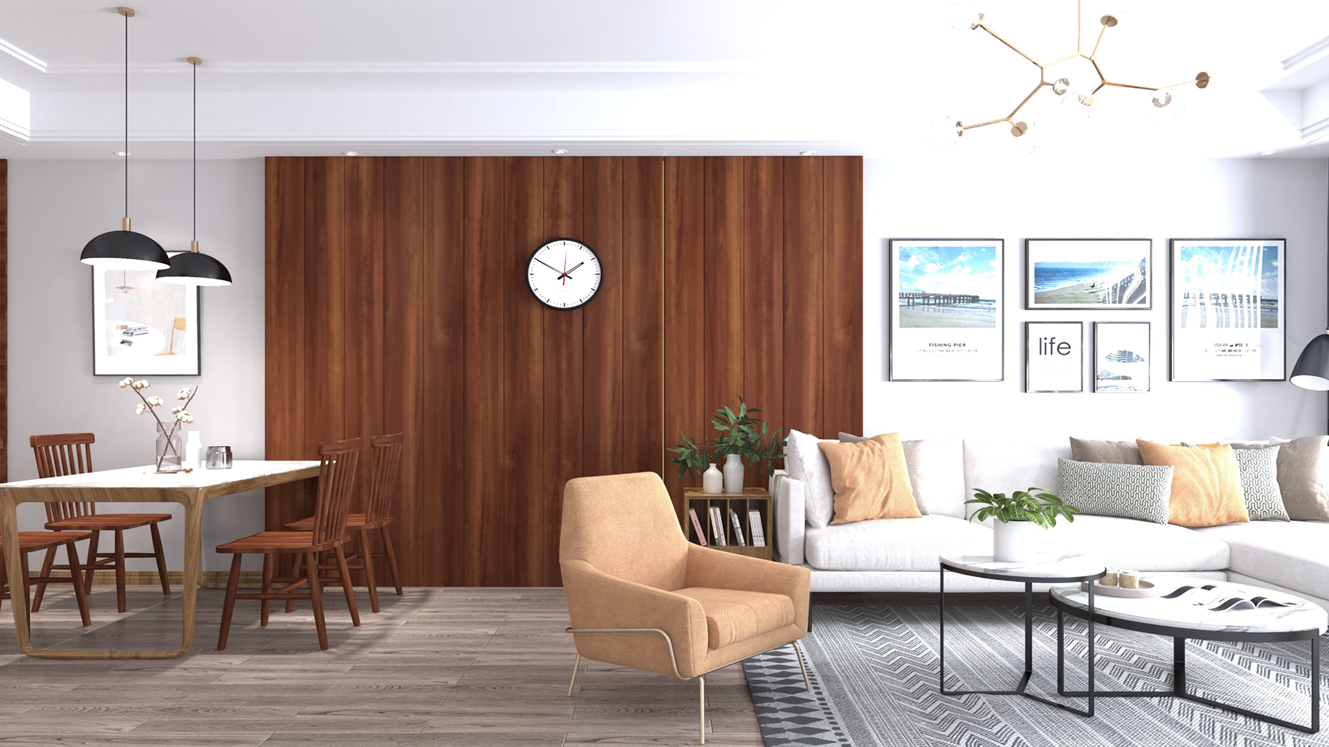 Brown wood laminate wall panel with matte finish and wood grain texture in modern living room setting with furniture