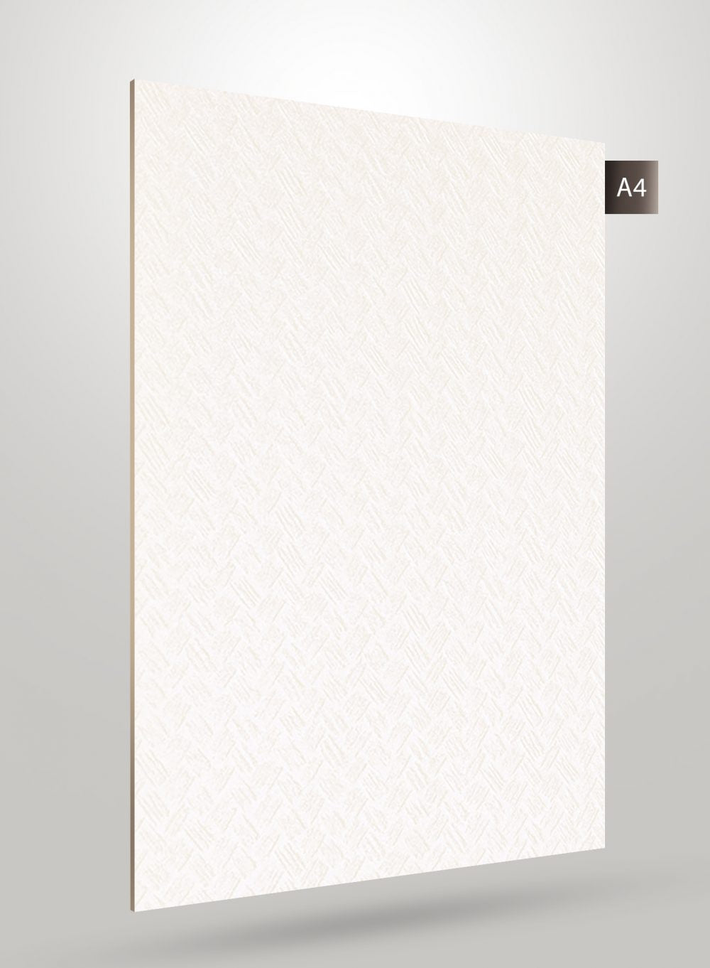 White matte laminate sheet with subtle diagonal texture and herringbone pattern, decorative solid color interior material.