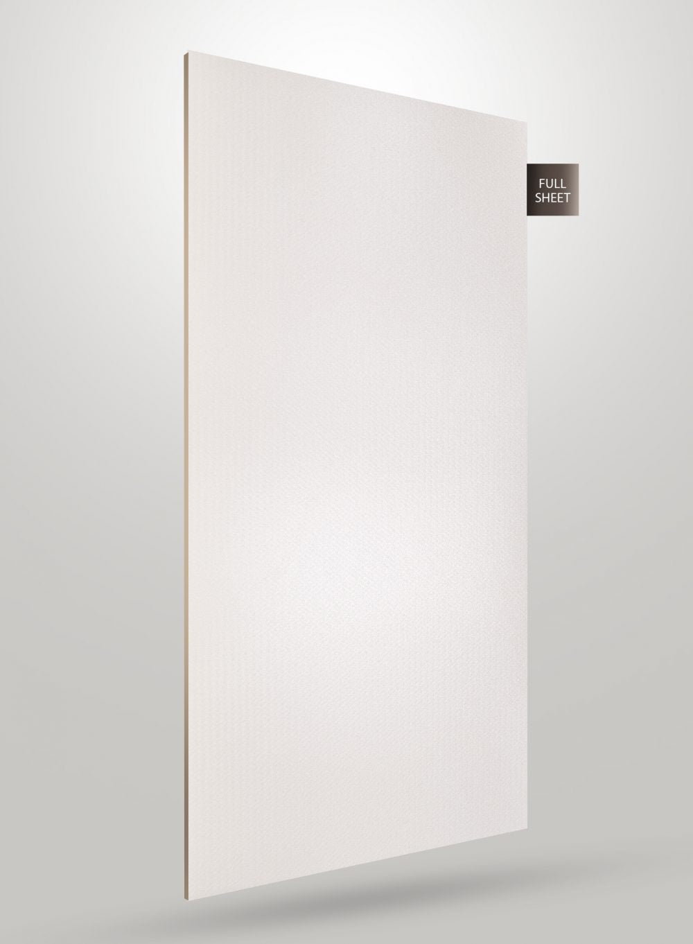 White matte decorative laminate sheet with subtle texture and smooth finish displayed upright with full sheet label.