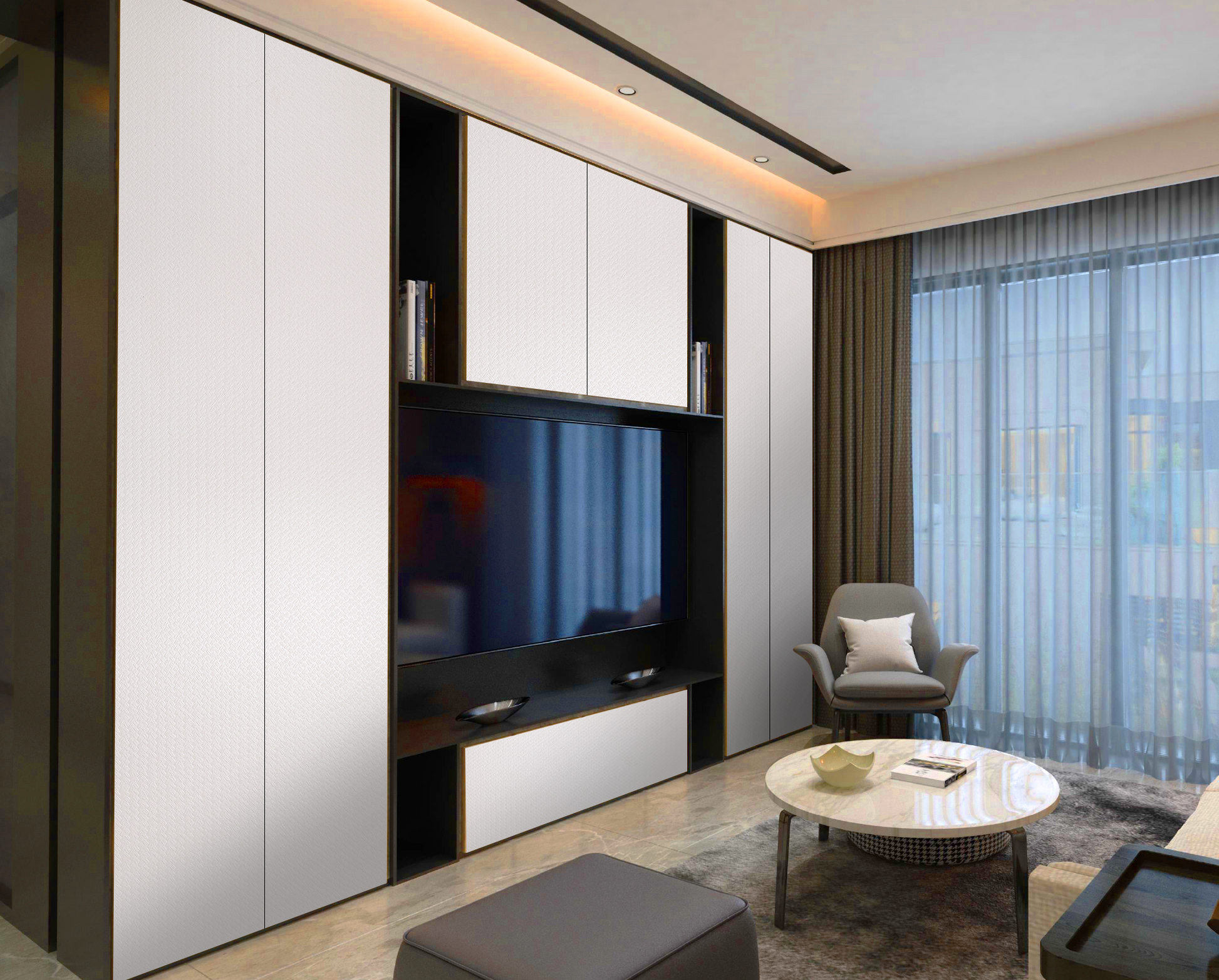 White matte laminate cabinetry in modern living room with subtle texture and smooth finish on storage units and shelves.
