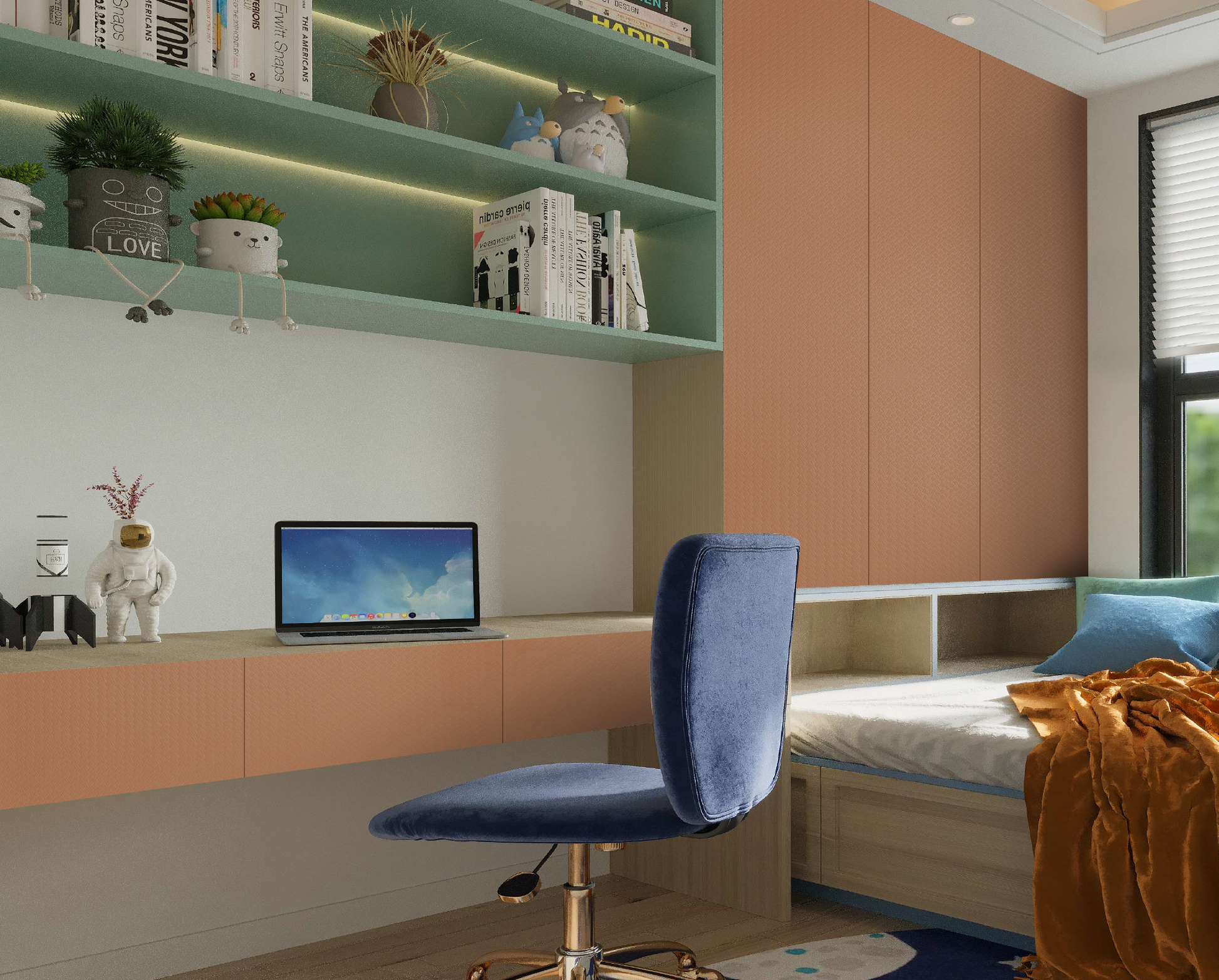 Brown matte laminate used in a bedroom with furniture and decor showcasing its application and subtle texture.