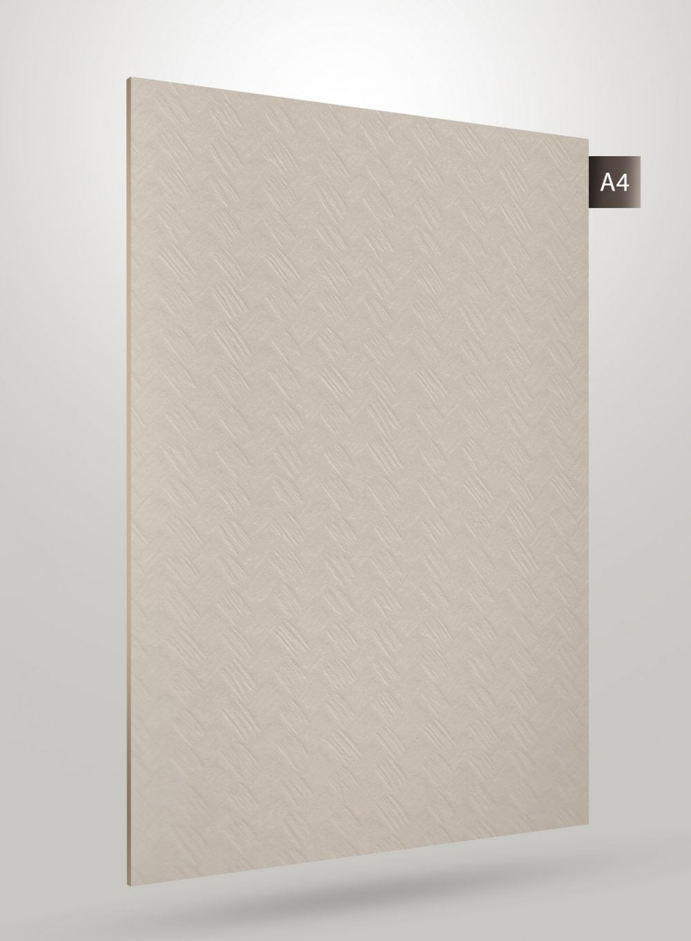 Beige matte laminate sheet with diagonal texture and subtle sheen, decorative solid colour design.