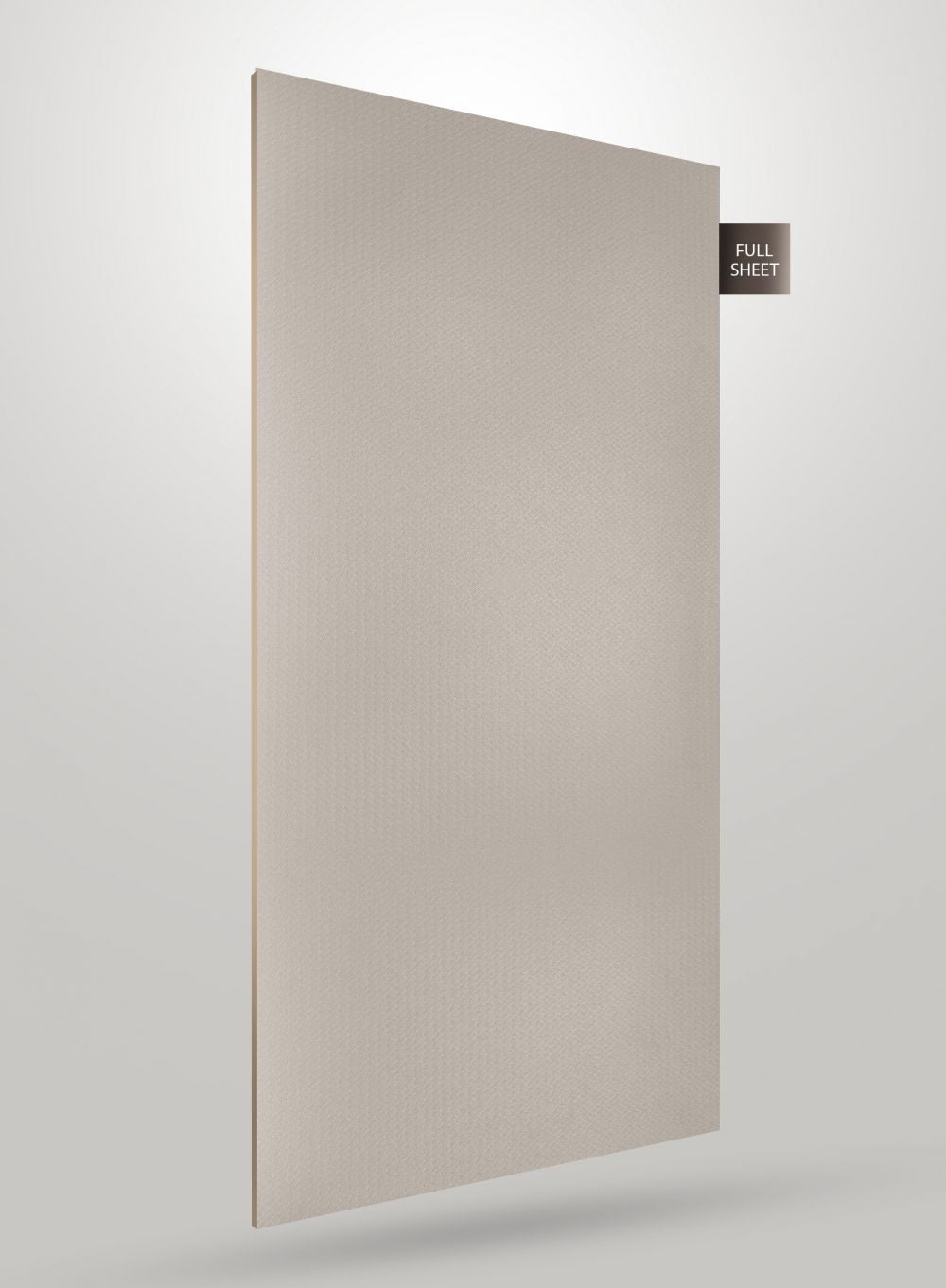 Beige matte laminate sheet with textured finish and visible thickness displayed at an angle with full sheet label.