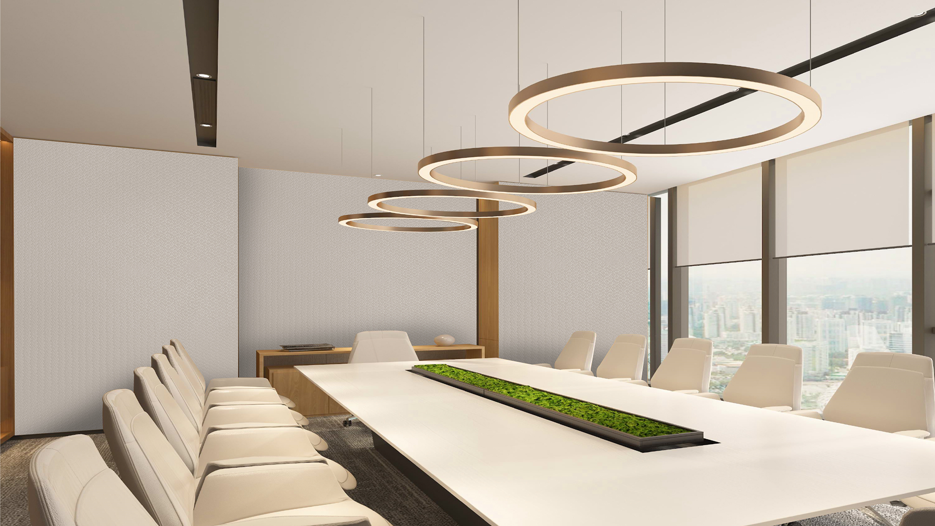 Beige solid colour laminate wall in modern conference room with minimalist decor and circular lighting fixtures, showing