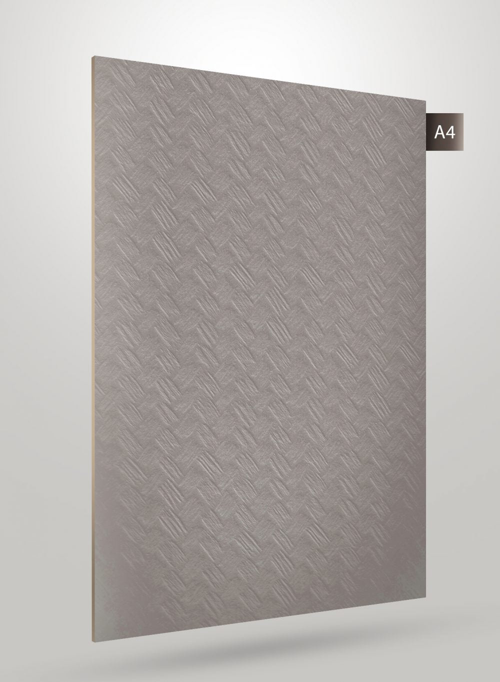Grey patterned laminate sheet with diagonal texture and matte finish, displaying a subtle herringbone design on its surface.
