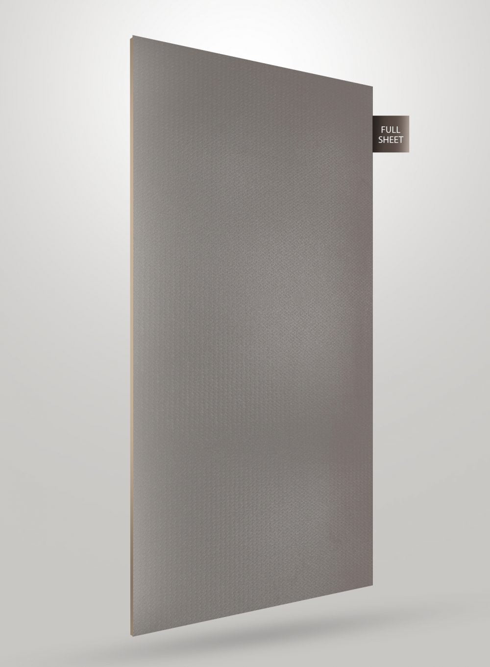 Grey matte laminate sheet with textured finish and subtle pattern, displayed as full sheet with visible edge