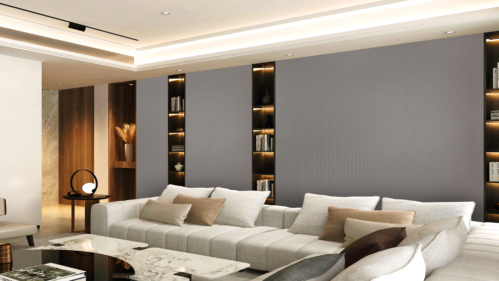 Grey patterned laminate wall in modern living room with textured finish and matte sheen decorative interior design element