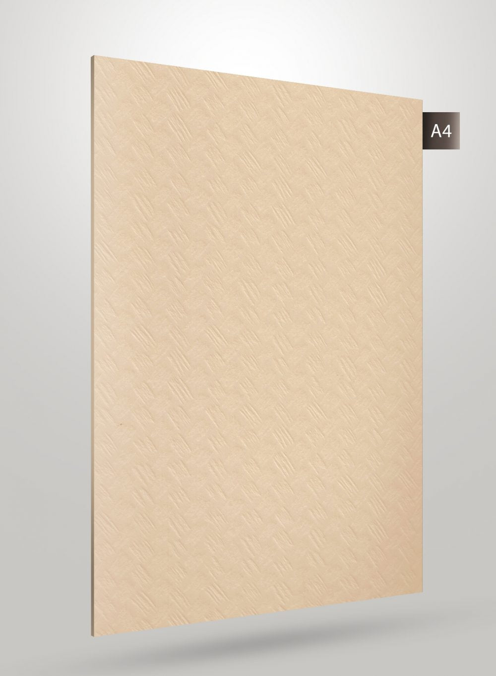Beige wood grain decorative laminate with matte finish and diagonal texture pattern on a square sample sheet.