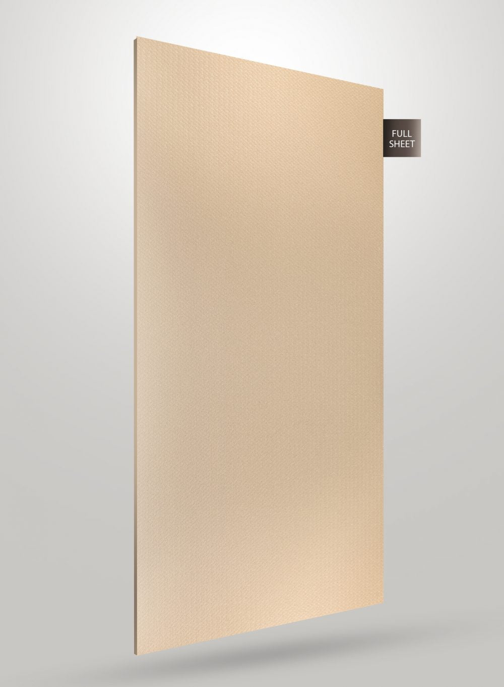 Beige matte decorative laminate sheet with subtle texture and smooth finish displayed on a gray background with full sheet