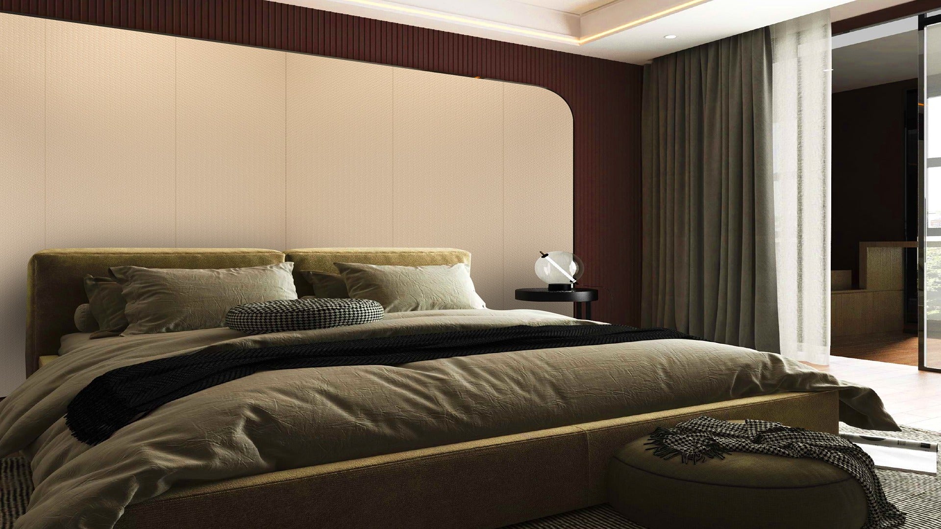 Beige matte decorative laminate wall panel with textured finish in a modern bedroom interior design setting