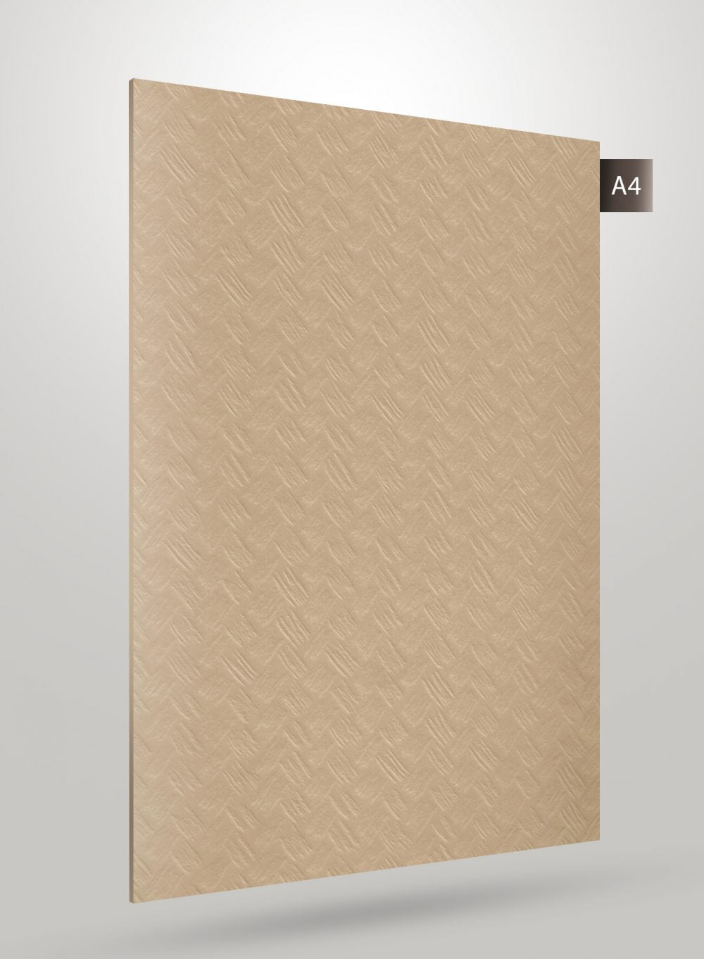 Matte beige patterned laminate with diagonal texture and subtle sheen, displayed on a grey background with code label A4.