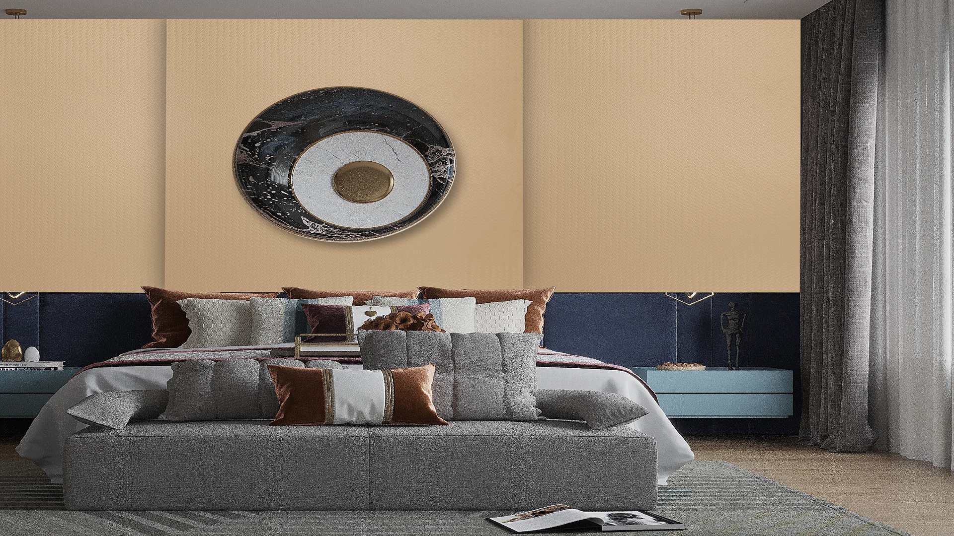 Beige textured laminate wall with abstract art and modern bedroom furniture in shades of grey brown and blue tones