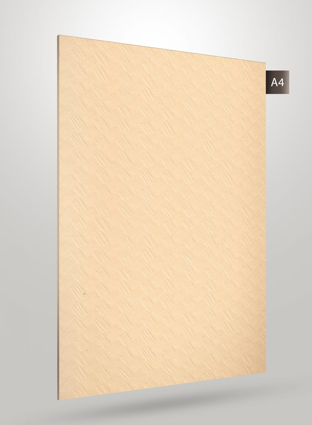 Beige wood grain decorative laminate with matte finish and textured diagonal pattern on a square sheet.