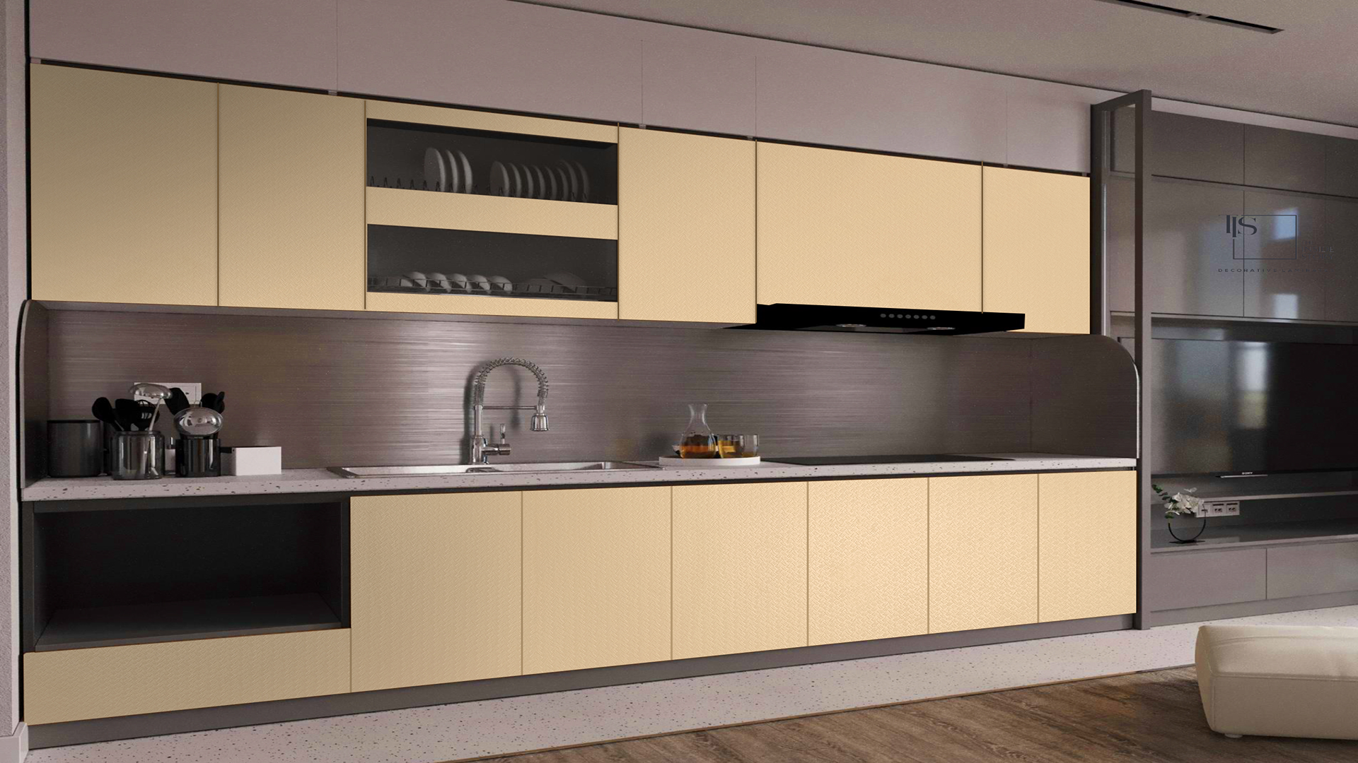 Beige matte laminate kitchen cabinets with textured finish and sleek silver accents in a modern kitchen setting.