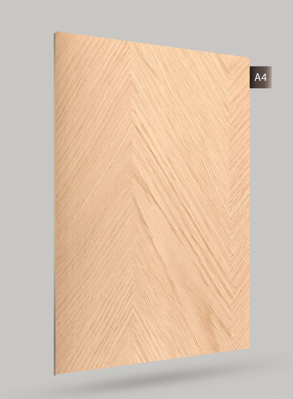Beige wood laminate with herringbone pattern and matte finish, showcasing wood grain texture and diagonal chevron design.