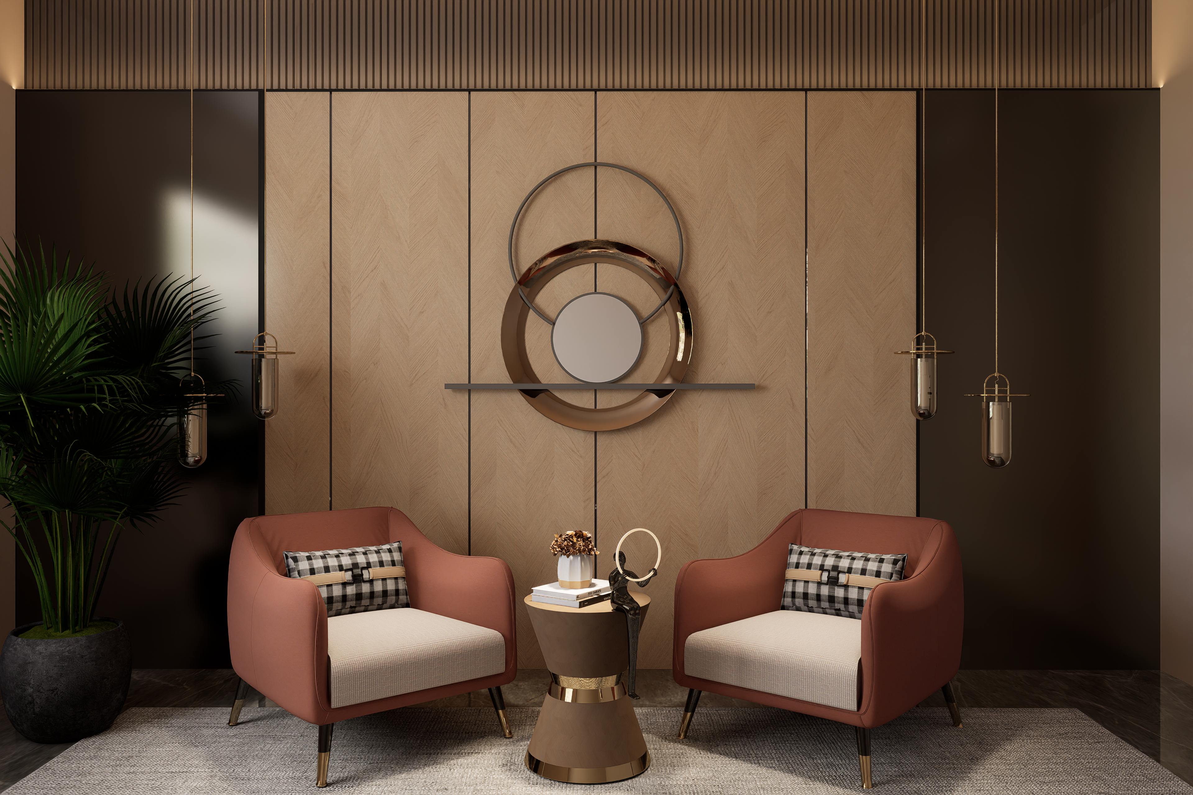 Beige wood grain laminate wall with matte finish in herringbone pattern, used in modern interior design with decorative