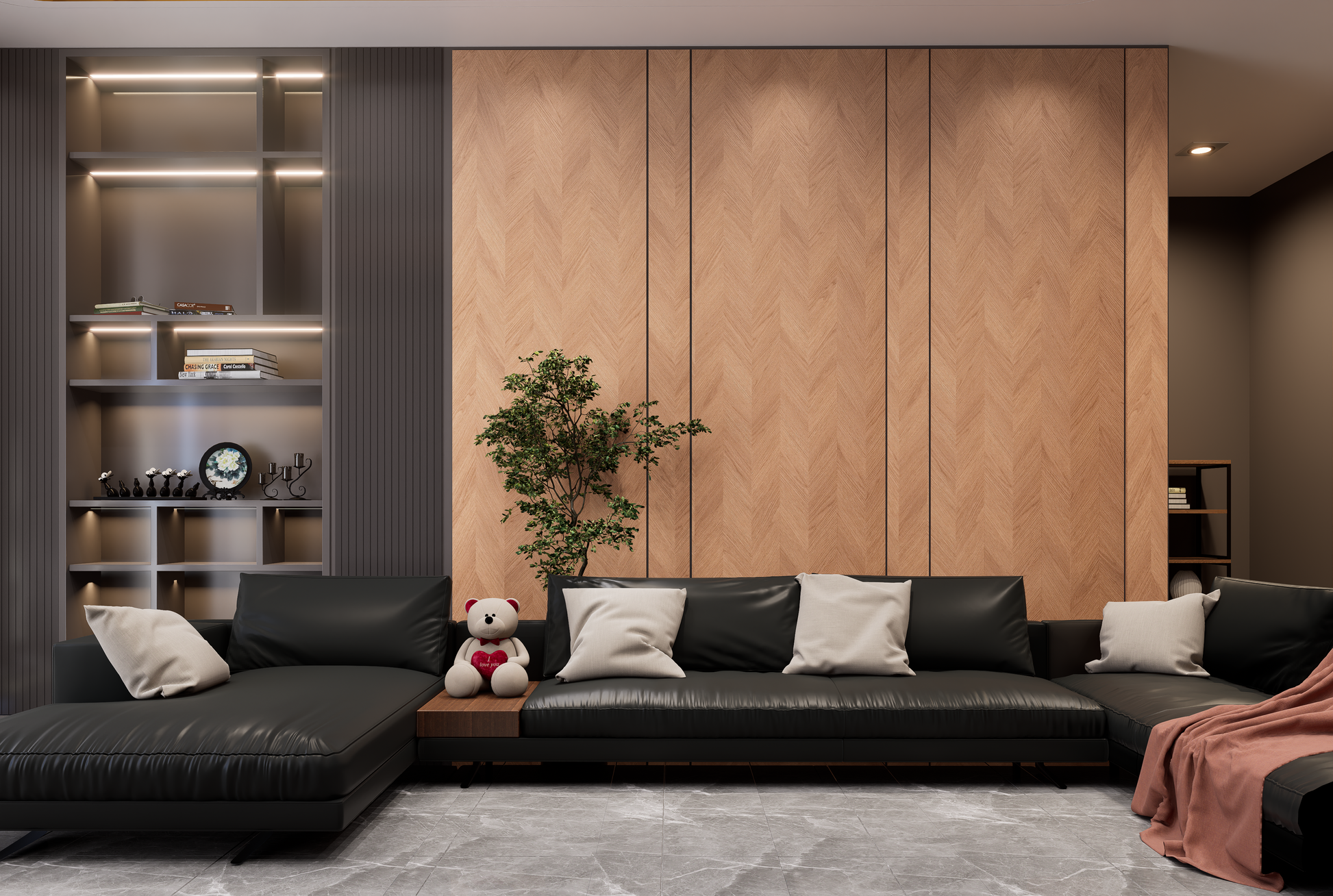 Brown wood laminate with herringbone pattern and matte finish on a wall in a modern living room setting.