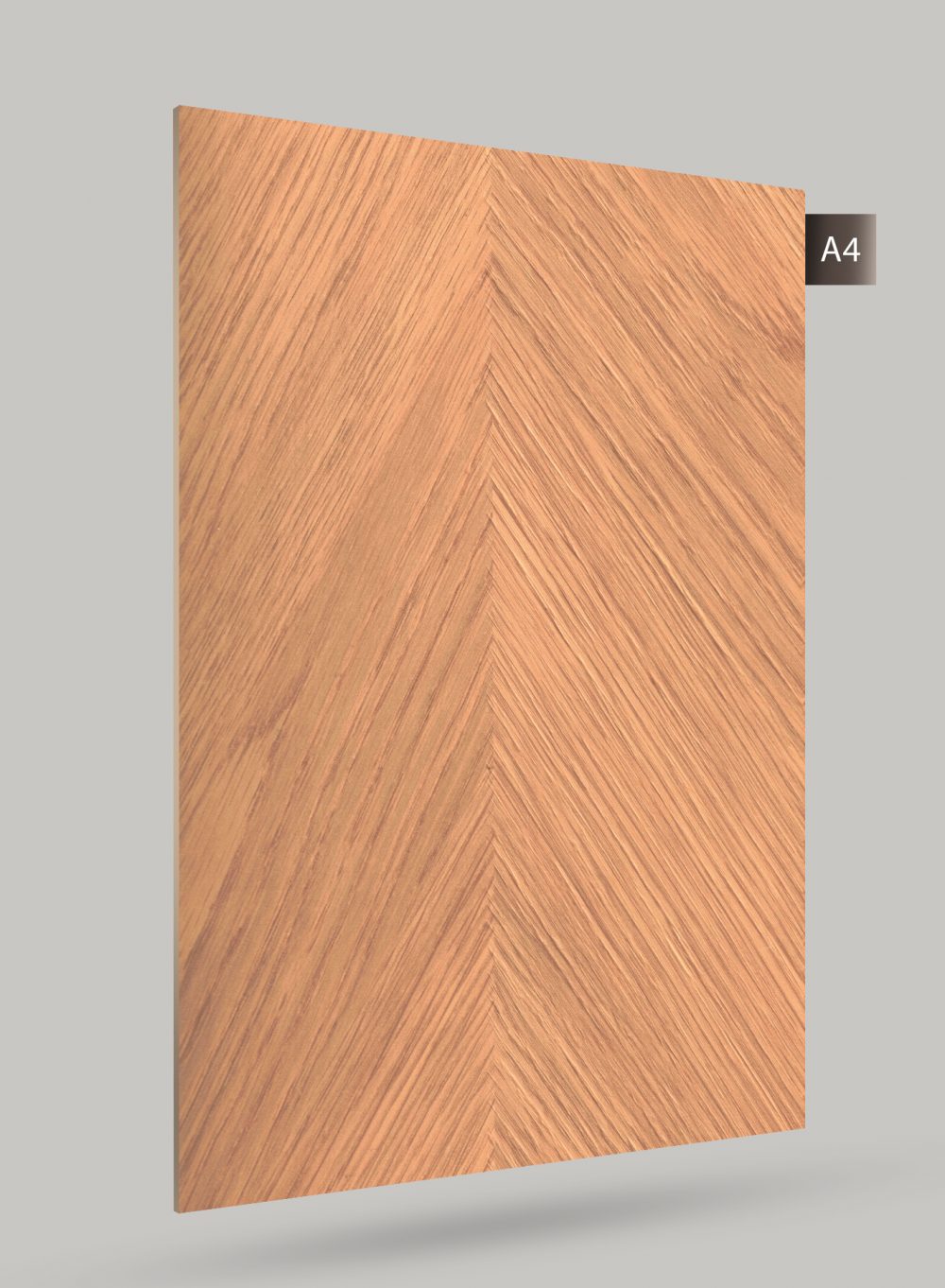 Brown wood grain decorative laminate with herringbone pattern and matte finish.