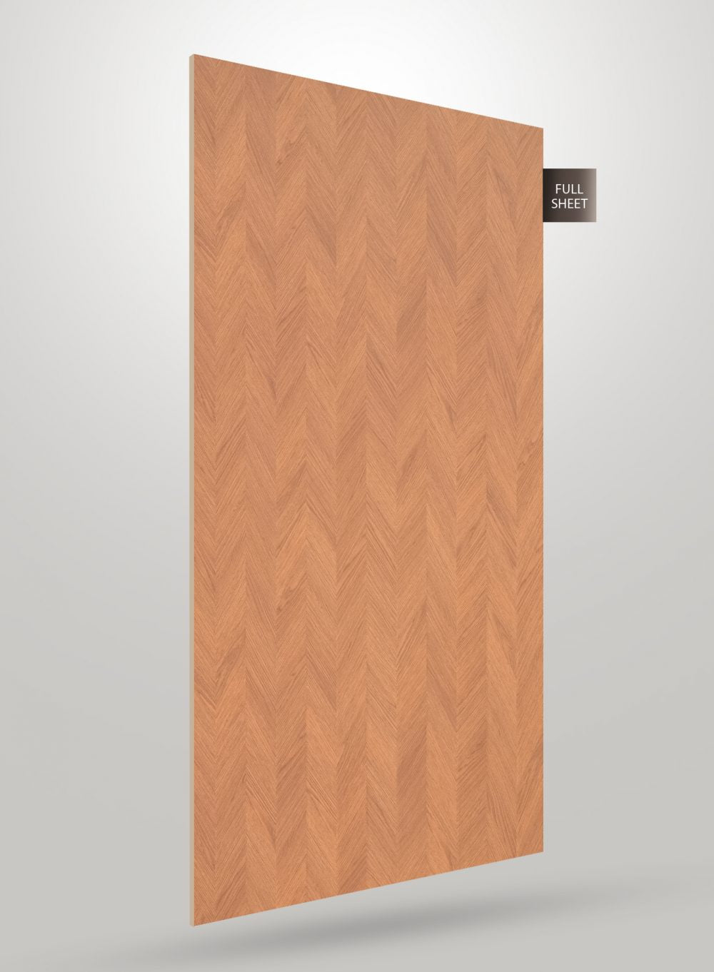 Brown wood grain laminate sheet with herringbone pattern and matte finish displayed on a gray background with full sheet