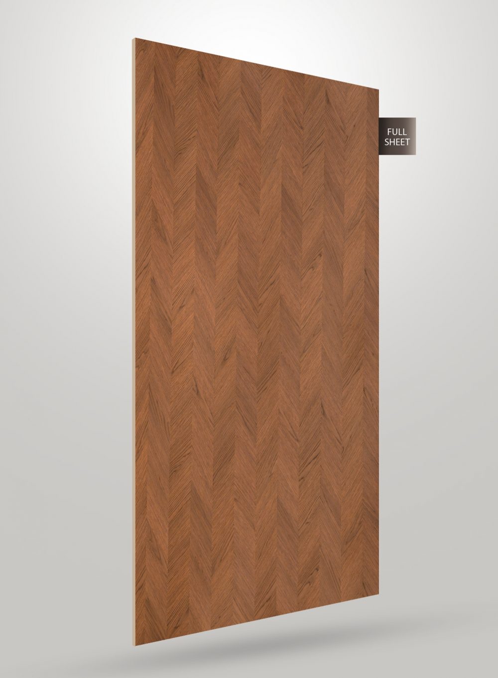 Brown wood laminate sheet with herringbone pattern and matte finish, showing wood grain texture and labeled full sheet.