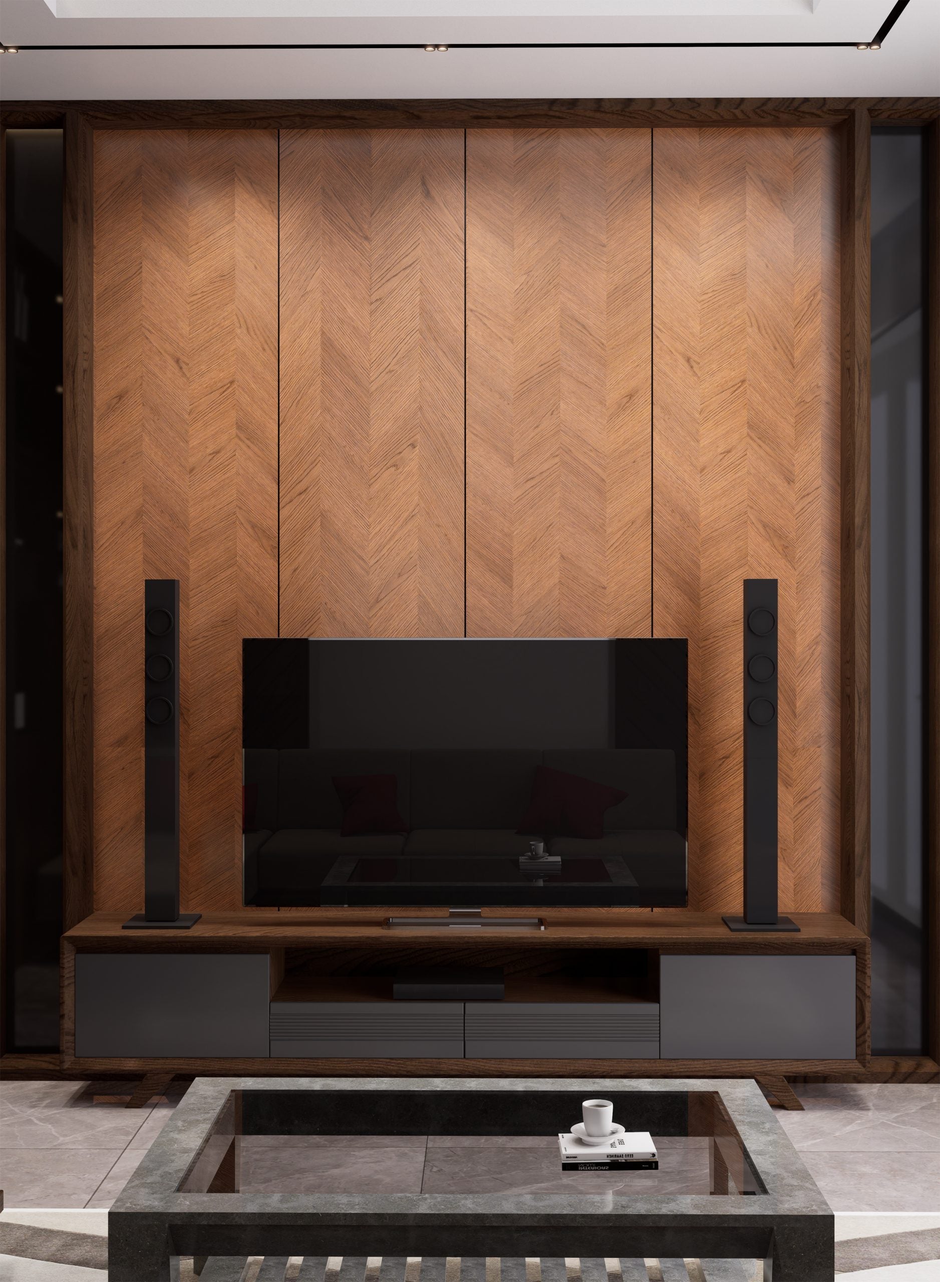 Brown wood laminate wall with herringbone pattern and matte finish in a modern living room setting with TV and speakers.