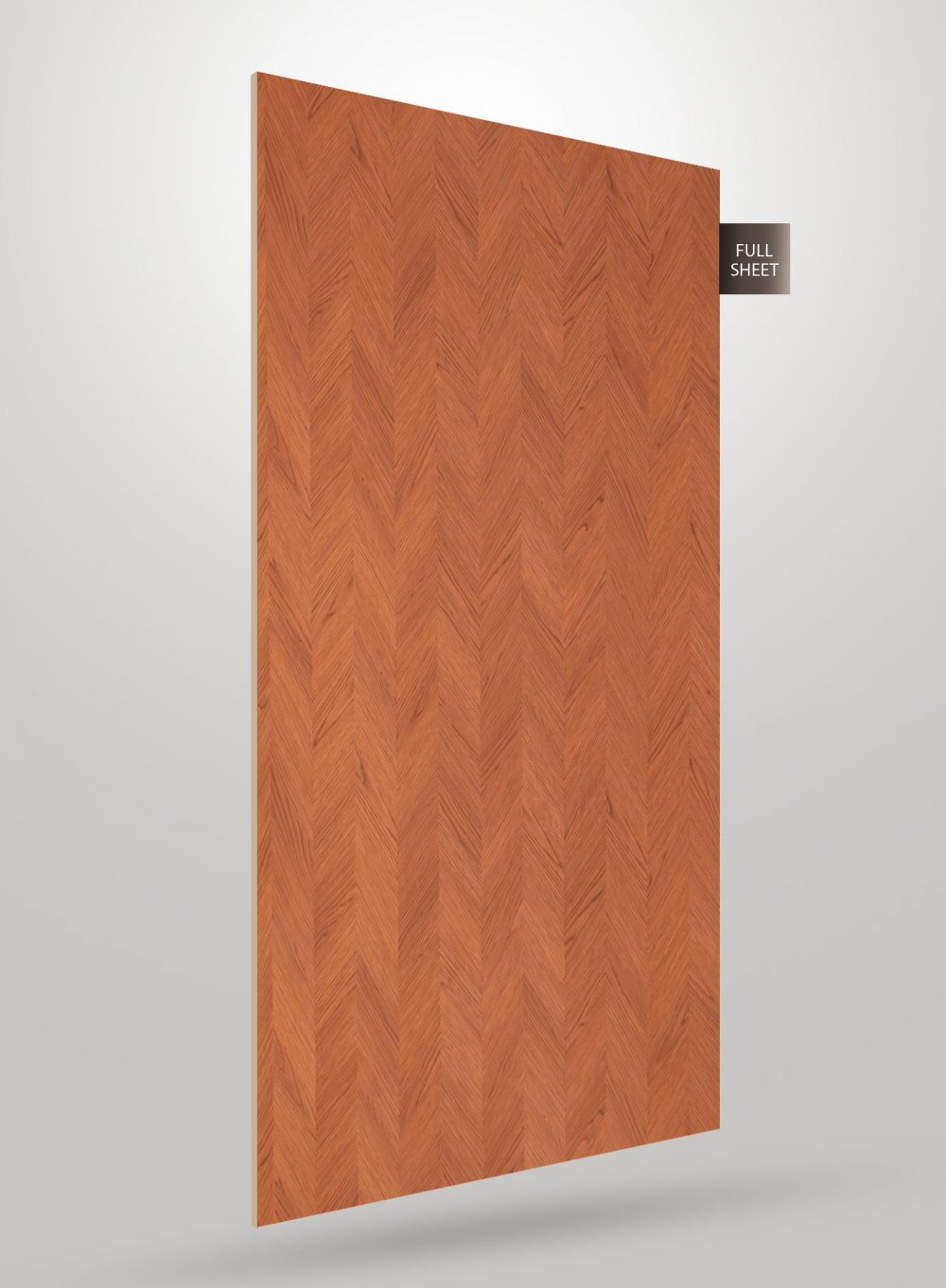 Brown wood grain laminate sheet with herringbone pattern and matte finish displayed on a grey background with full sheet