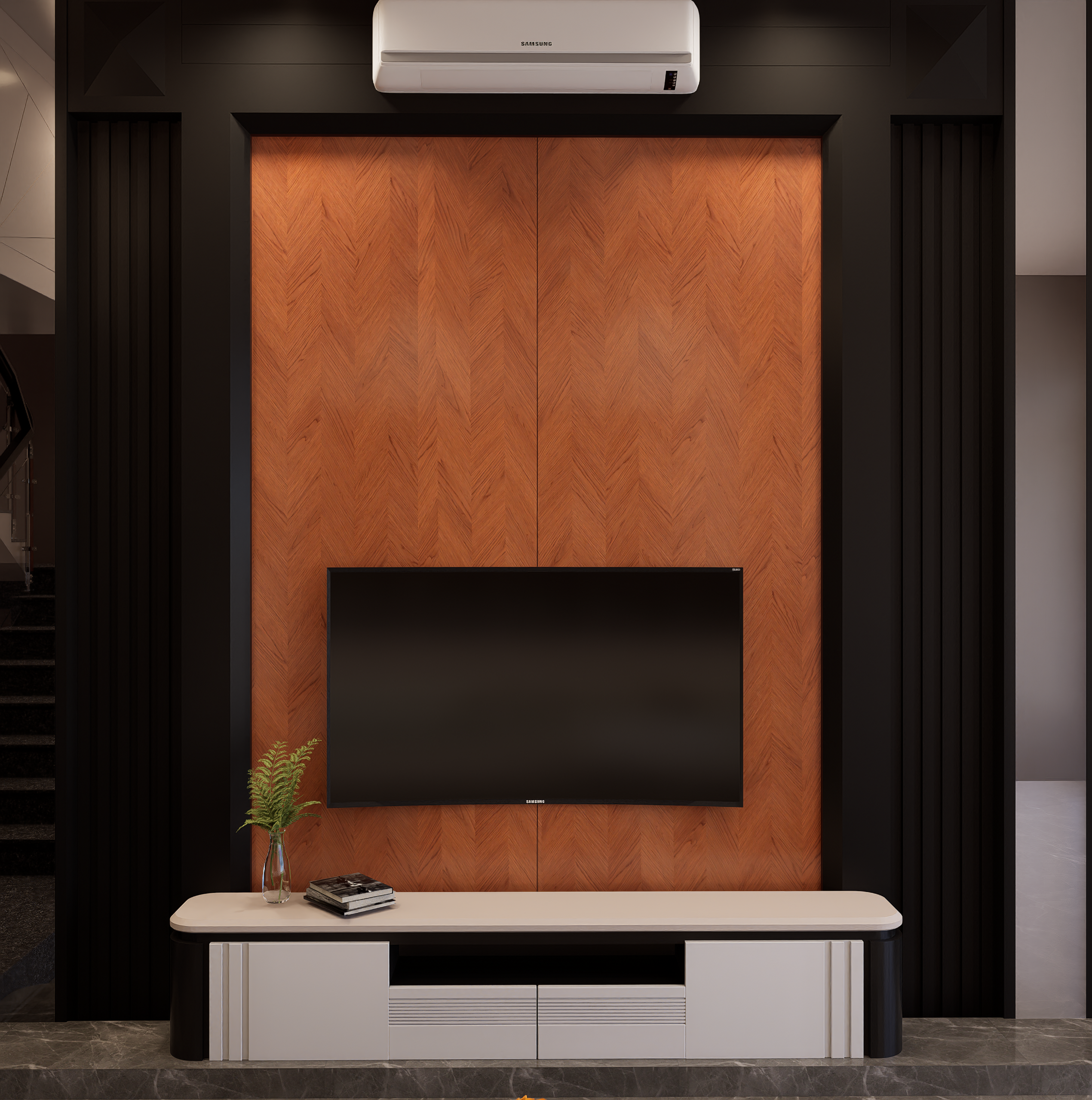 Wood laminate wall with herringbone pattern, matte finish, and brown color, used as accent wall in modern living room setup
