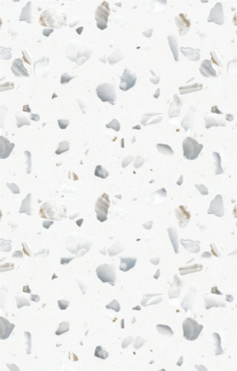 White marble laminate with textured terrazzo pattern and flecks of grey and beige on a white background