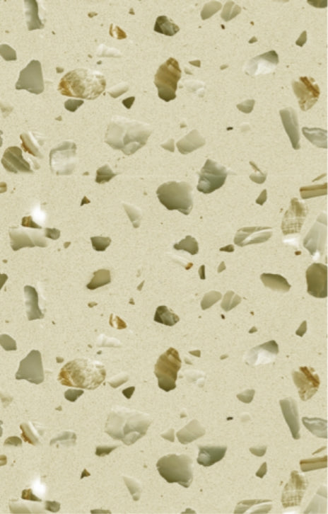 Beige marble laminate with terrazzo pattern and textured finish showing flecks of white and brown stone fragments.