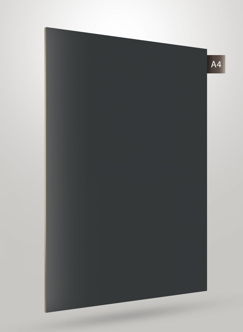 Grey high gloss solid colour laminate sheet with smooth finish and label A4 on corner against a white background.