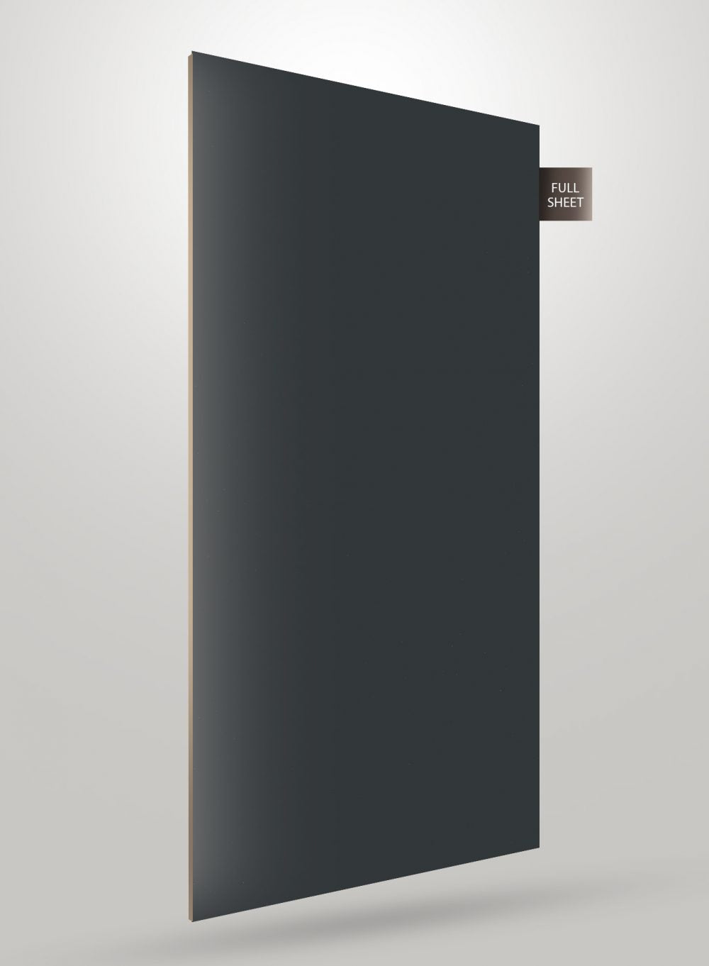 Grey high gloss solid colour laminate sheet with smooth finish and full sheet label on corner.