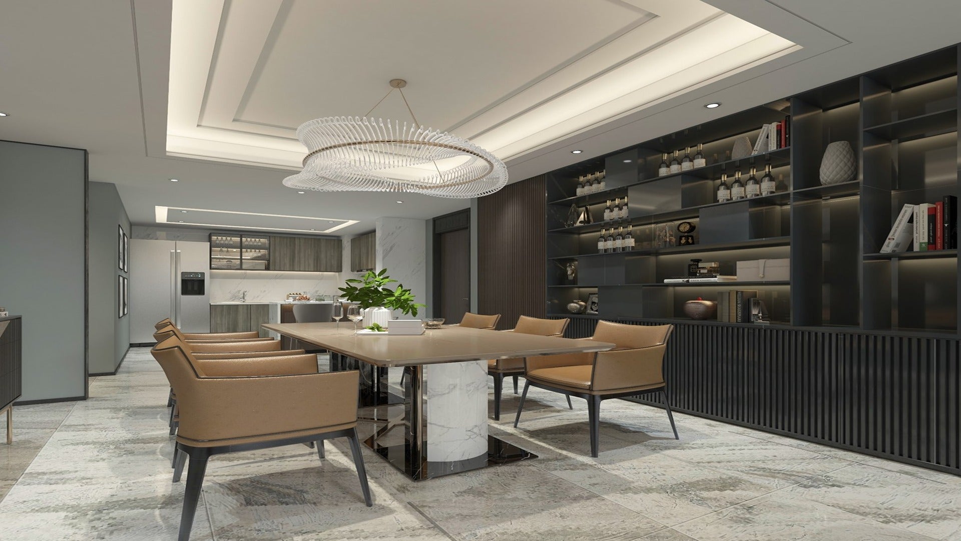 Grey laminate in modern dining room with high gloss finish and smooth texture on table and shelving unit.
