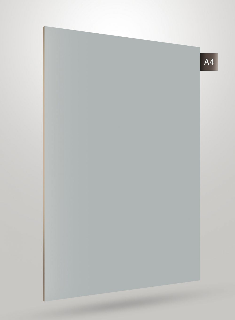 Grey high gloss solid colour laminate sheet with smooth finish and subtle shadow effect on white background