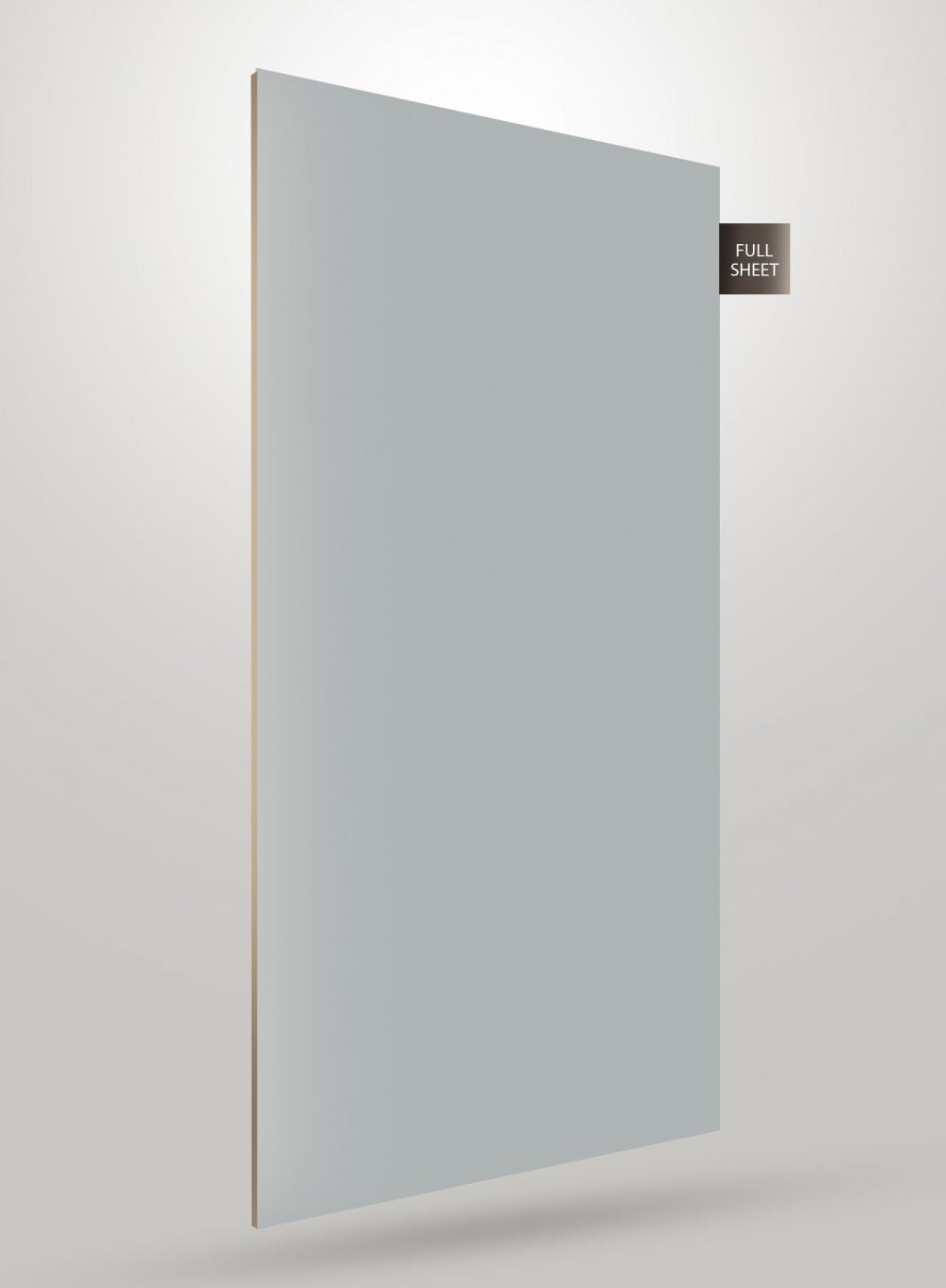 Grey high gloss solid colour laminate sheet with smooth finish and full sheet label on white background.