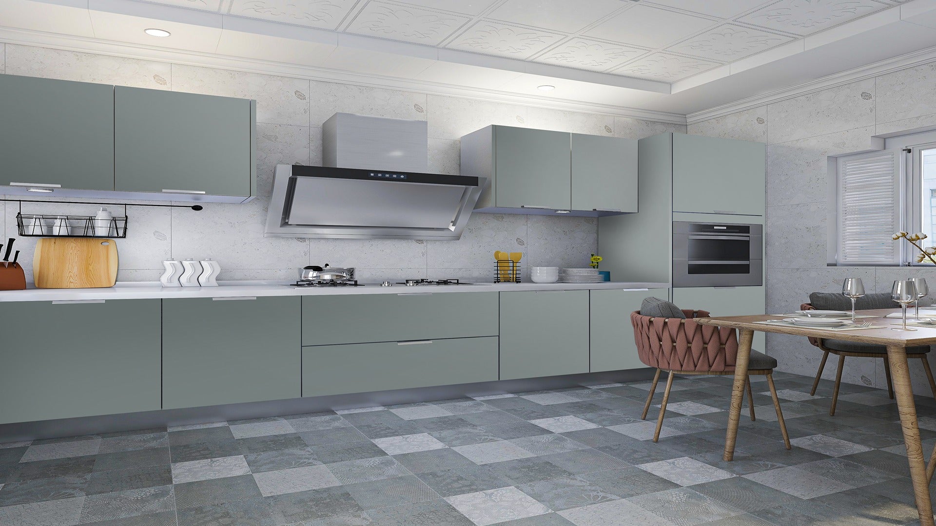 Grey high gloss laminate kitchen cabinets and cupboards in a modern kitchen with dining area and white countertop