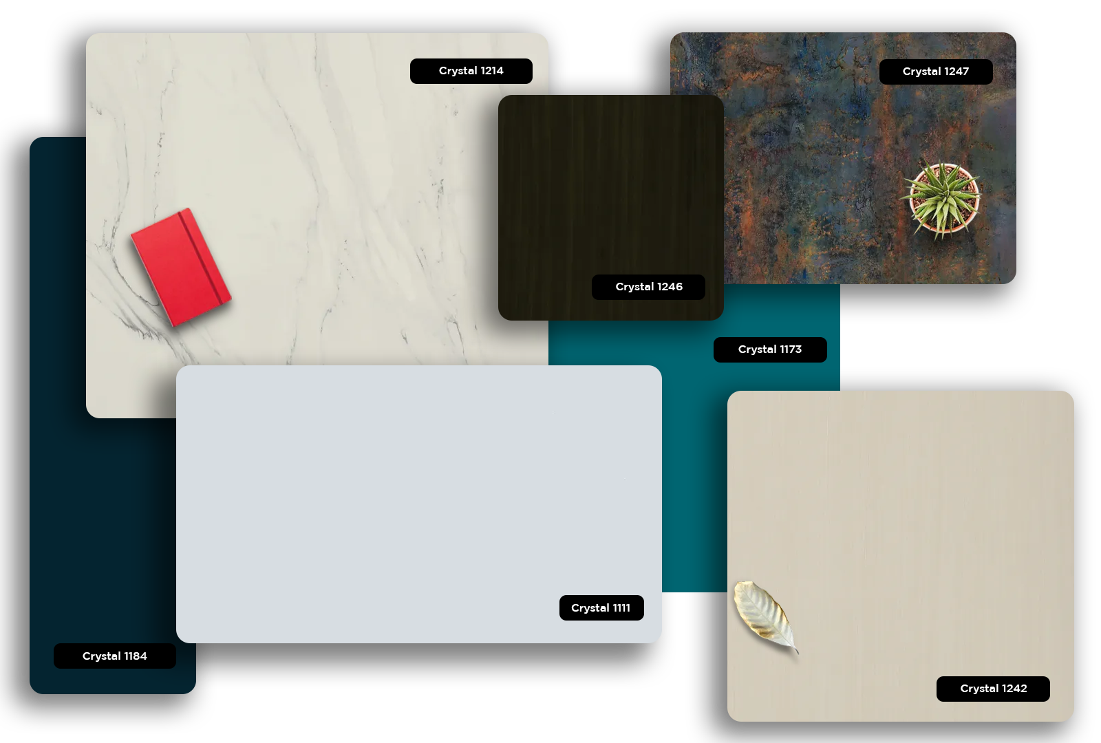 Multi-colored decorative laminates with glossy finishes and various patterns, including solid colors and marble effects,