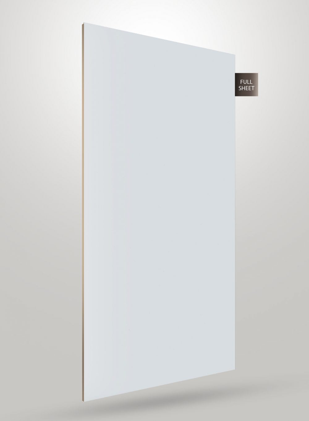White high gloss decorative laminate sheet with smooth finish and visible edge, displayed at an angle.