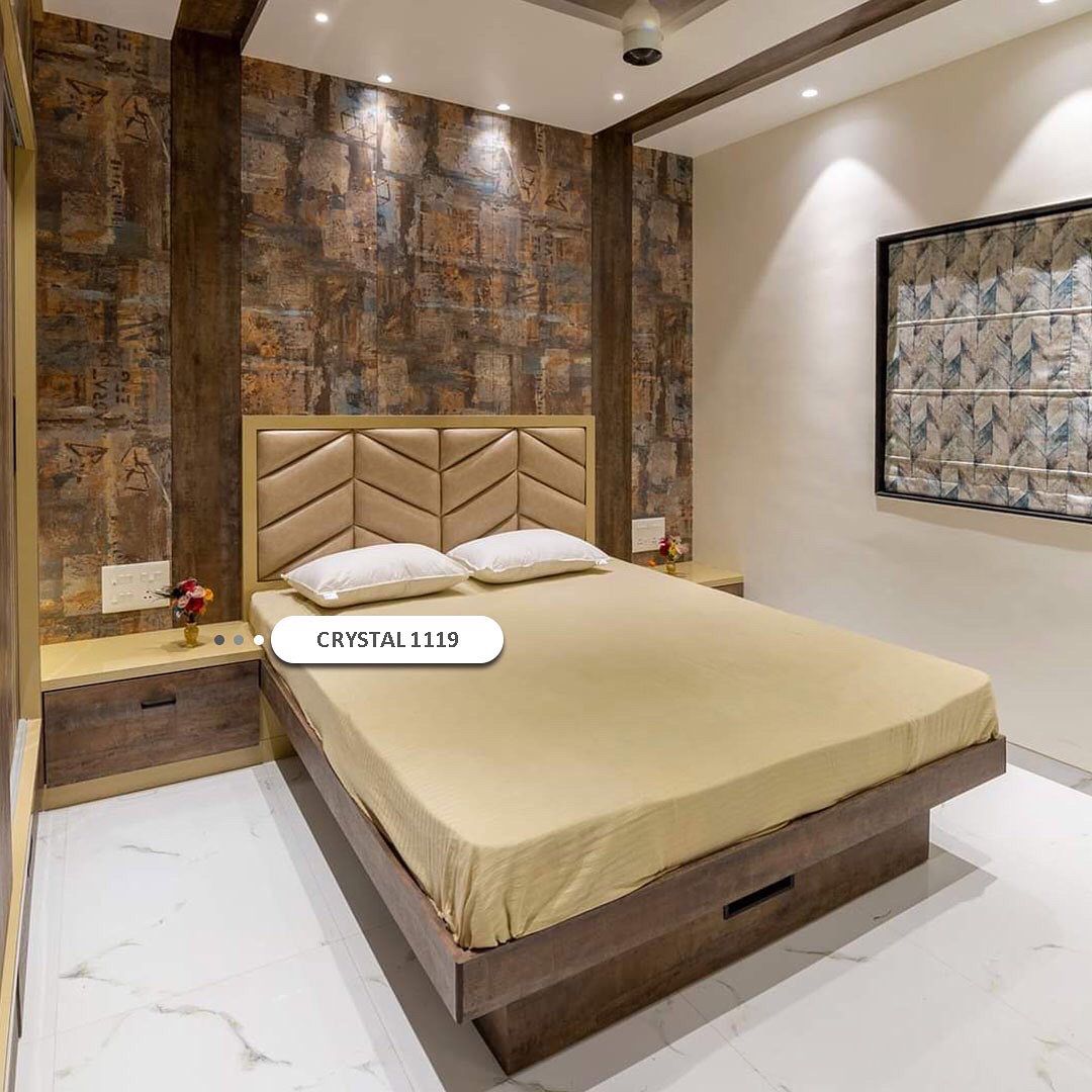 Multicolour patterned laminate wall with high gloss finish in a modern bedroom with geometric design and marble flooring