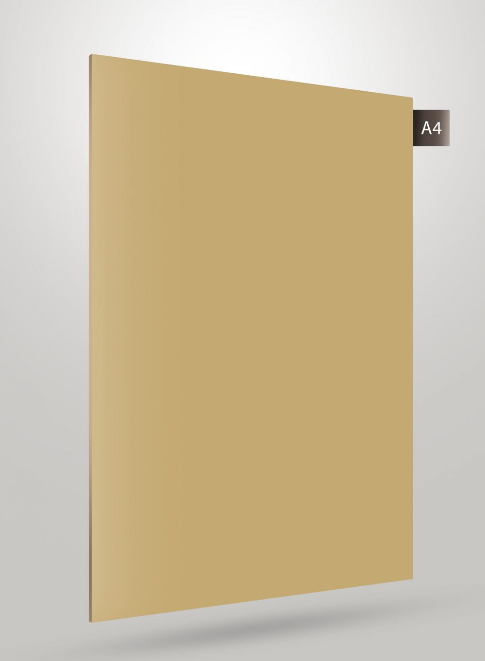 Gold laminate sheet with glossy finish and smooth surface, labeled A4, displayed on a light gray background.