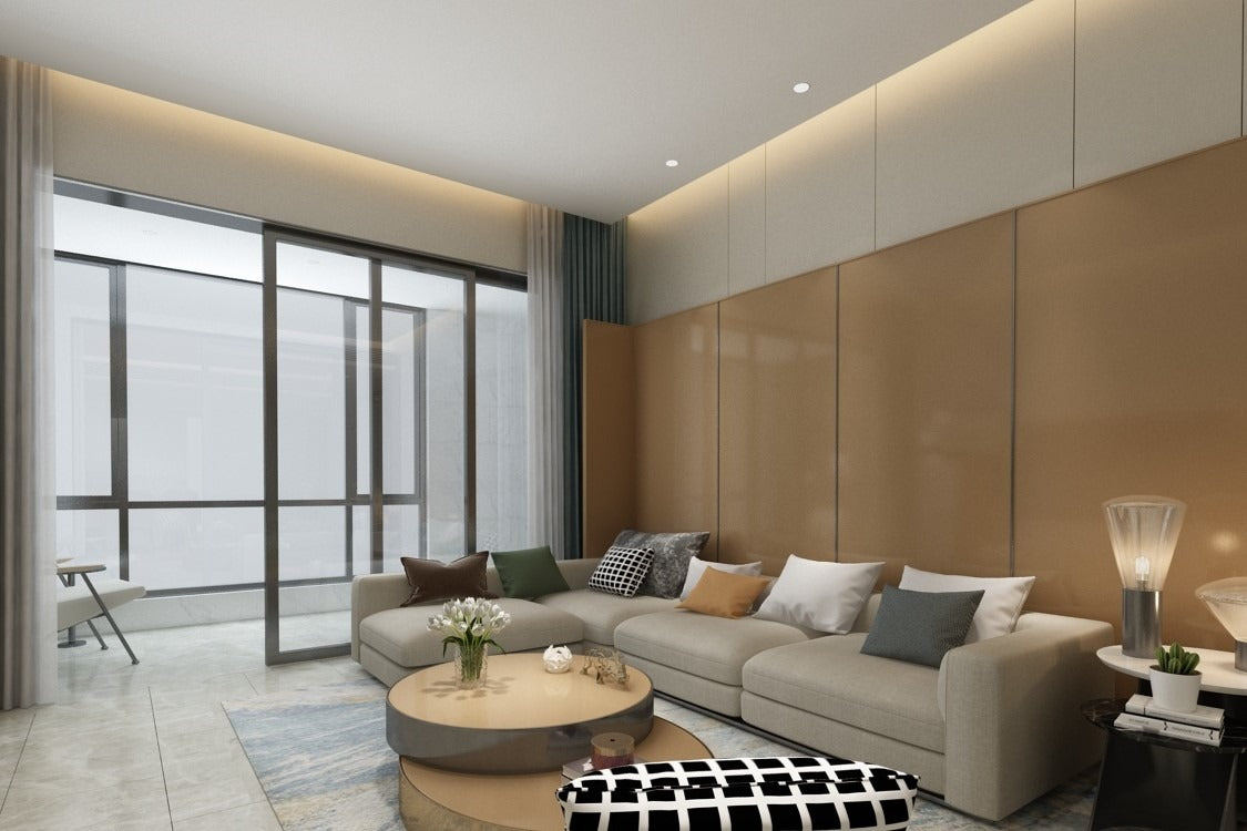 Beige decorative laminate wall panel with glossy finish in modern living room interior