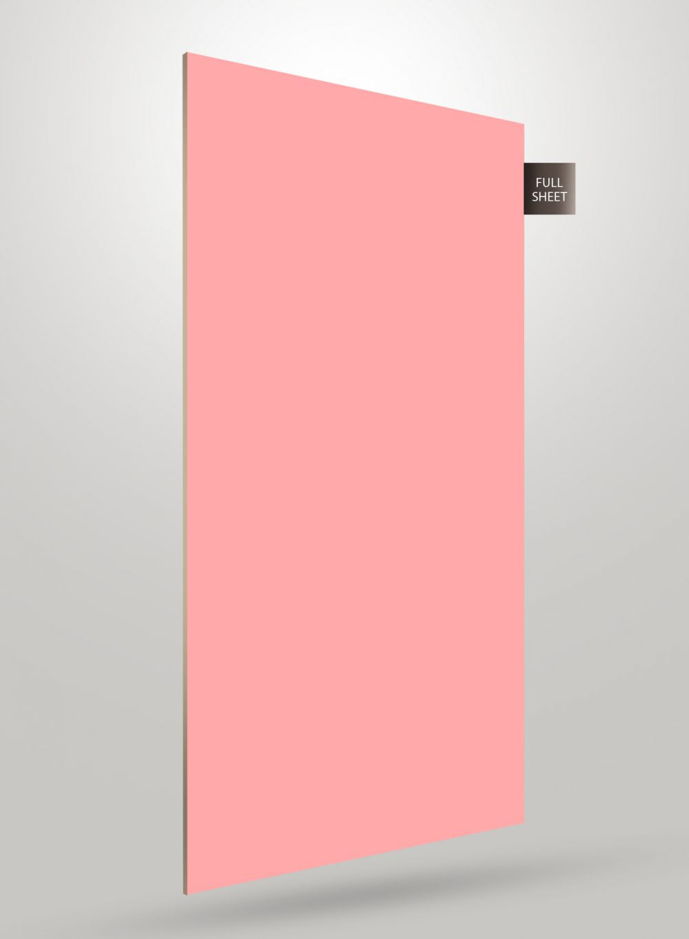 Pink solid colour laminate sheet with glossy finish and visible edge thickness displayed against a neutral grey background.