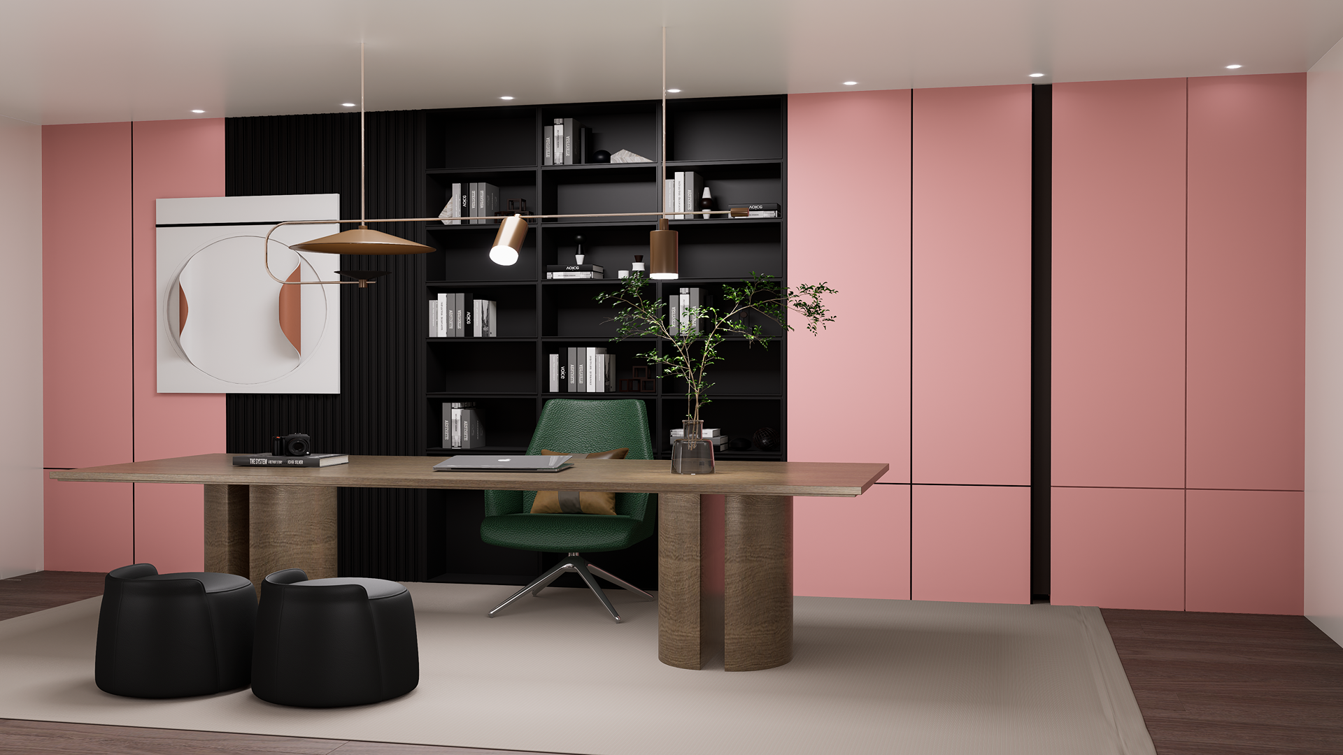 Pink glossy laminate wall panels in modern office setting with wooden desk and green chair