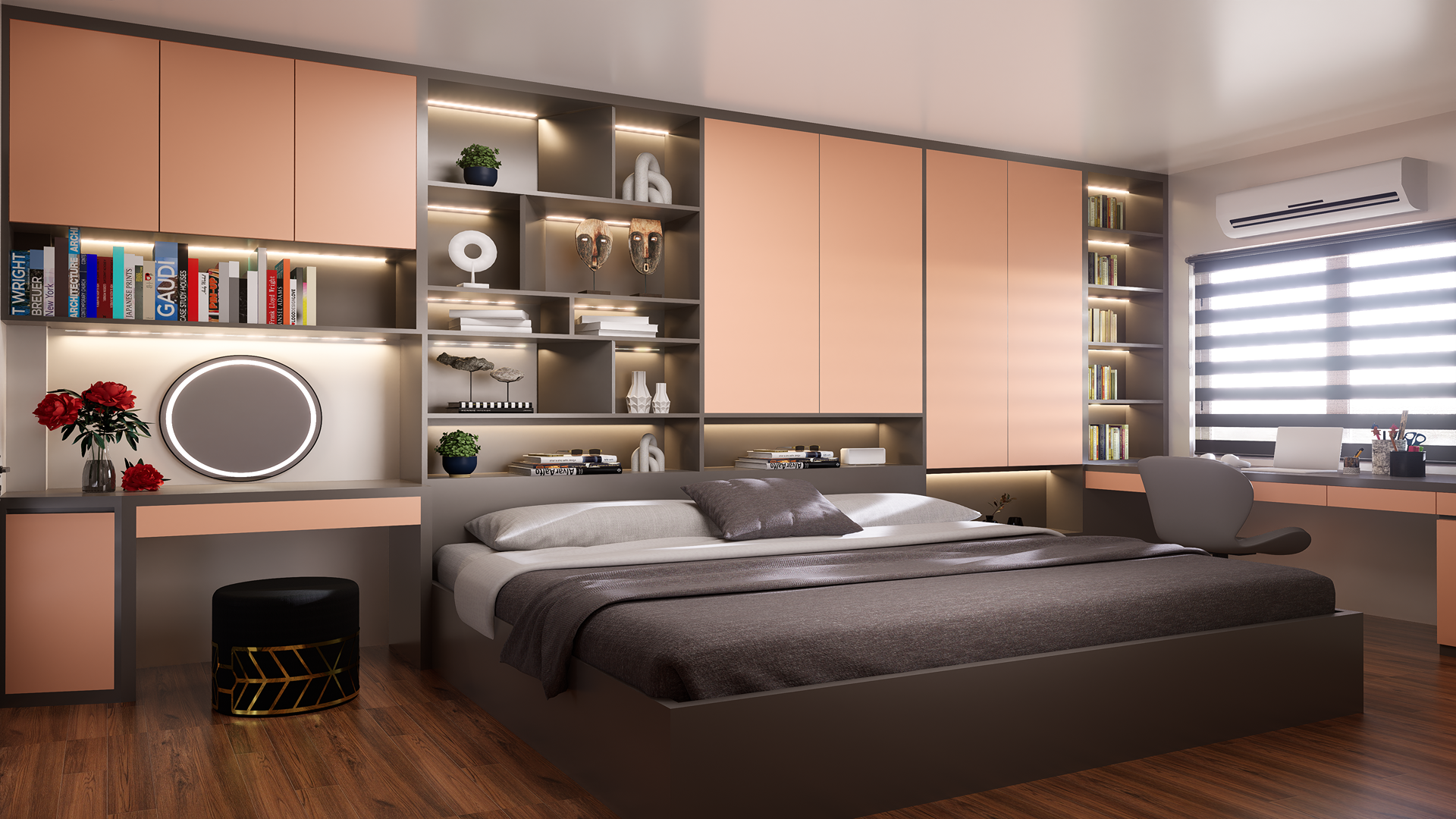 Pink high gloss laminate used on bedroom furniture and shelving units with decorative items and LED lighting.