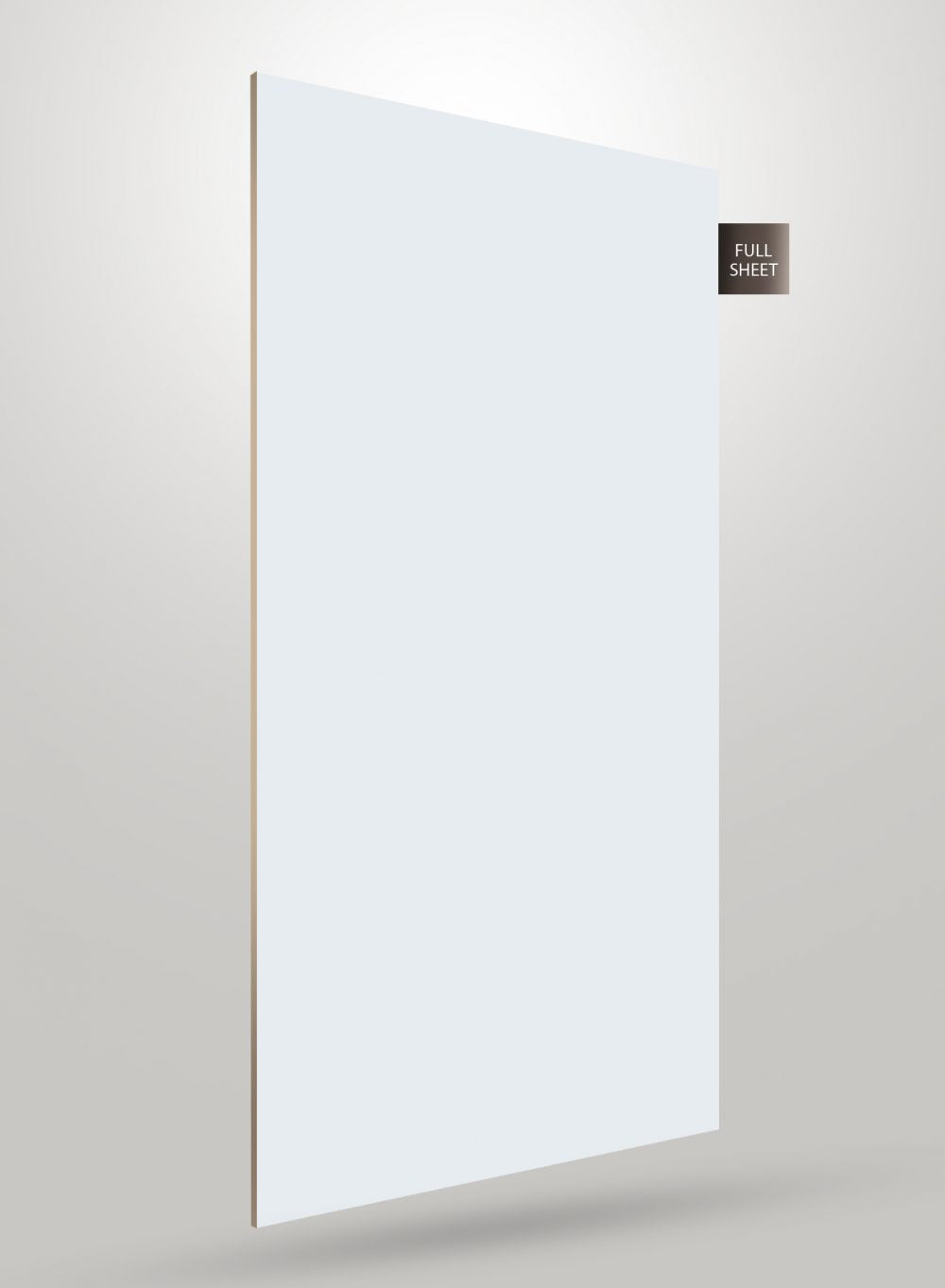 White high gloss laminate sheet with smooth finish and visible edge, displayed against a neutral background with full sheet