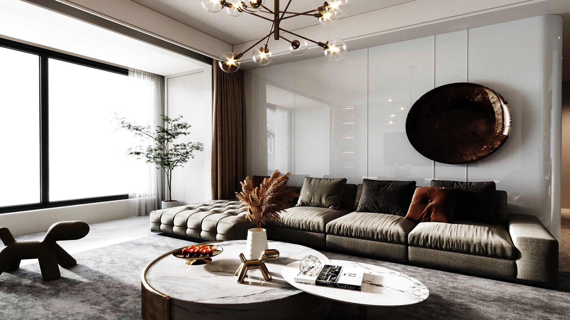 White high gloss laminate wall panels in modern living room with gray sofa and round coffee table