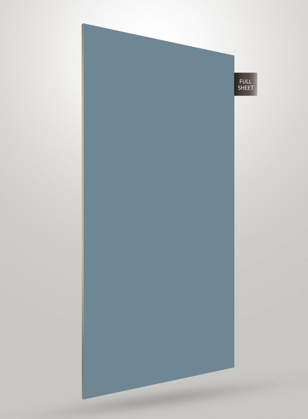 Blue decorative laminate sheet with glossy finish and full sheet label, showcasing solid colour and smooth texture.