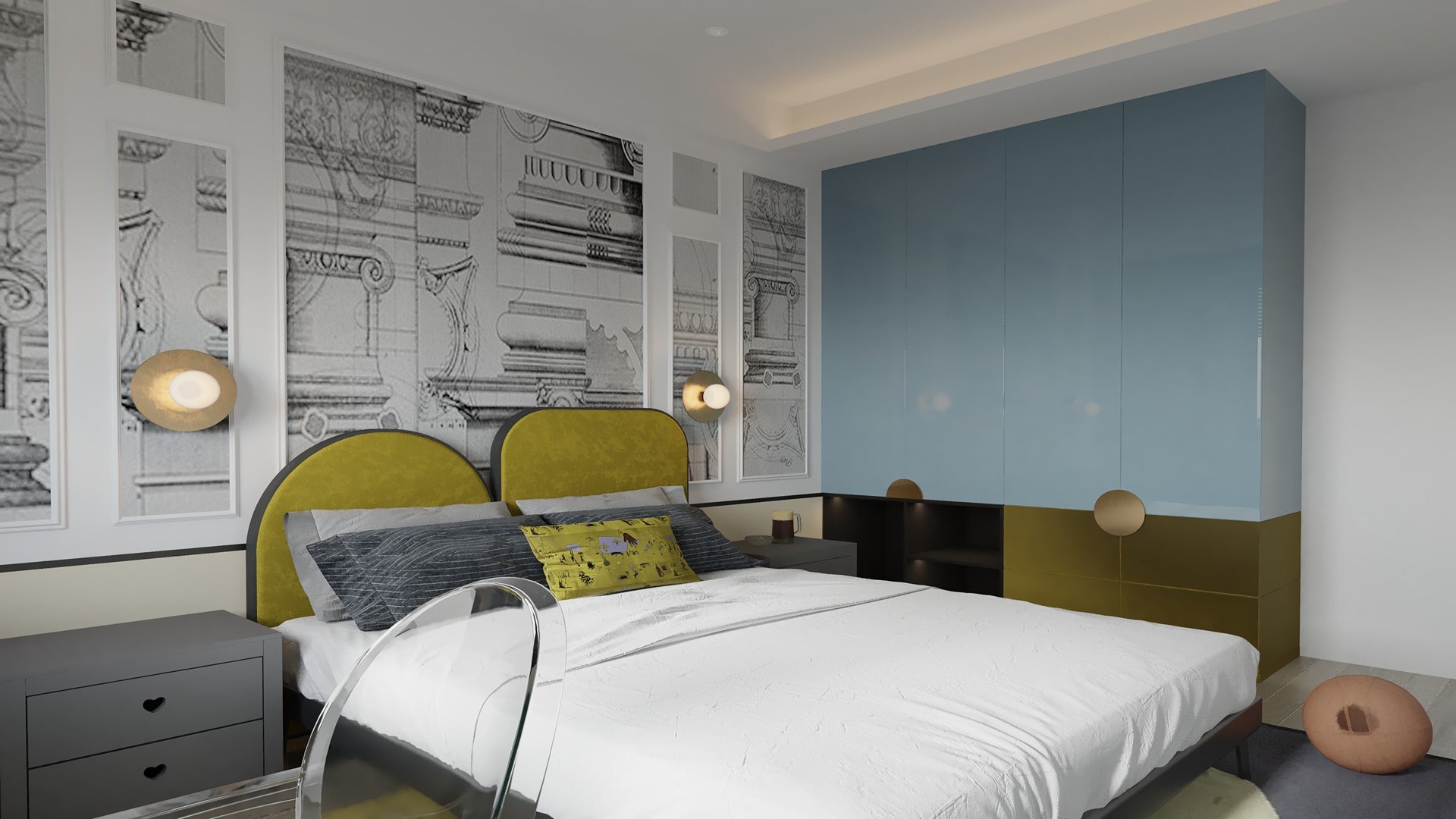 High gloss blue laminate wall panels in modern bedroom interior with minimalist decor and sleek furniture.